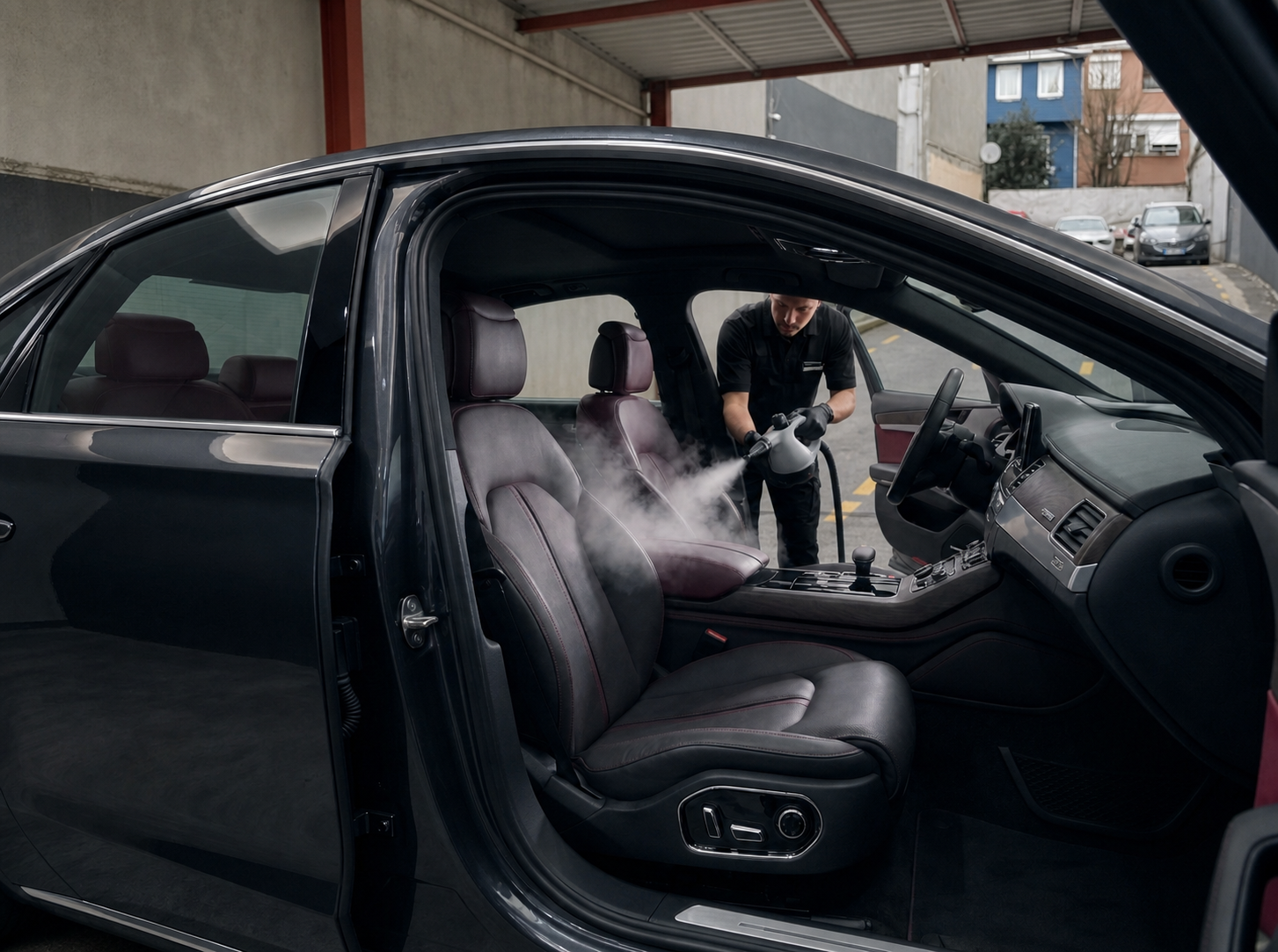 Otopark alanında buharlı detaylı iç temizlik